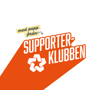Orange logga med texten "med pepp från Supporterklubben" med Luleå Energi loggan i.